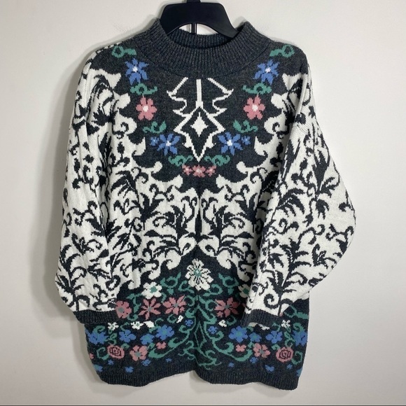 Vintage Floral Sweater 18W Made in USA Kate Collins Pink Blue Black White - Picture 2 of 7
